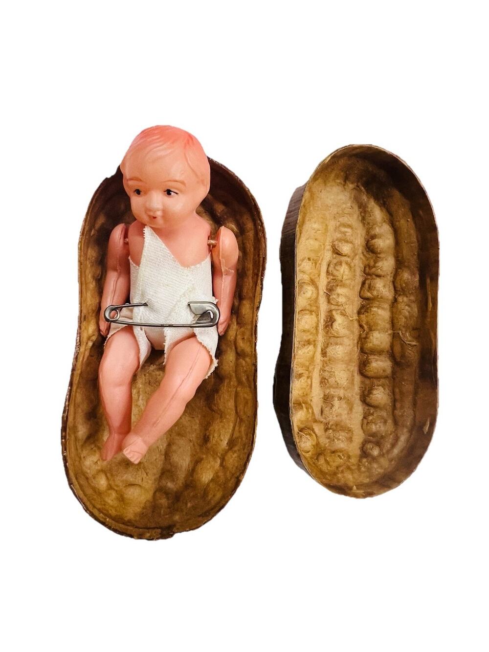 Antique Celluloid Baby Doll Papier Mache Peanut Shell Crib Box Vtg 1920's
